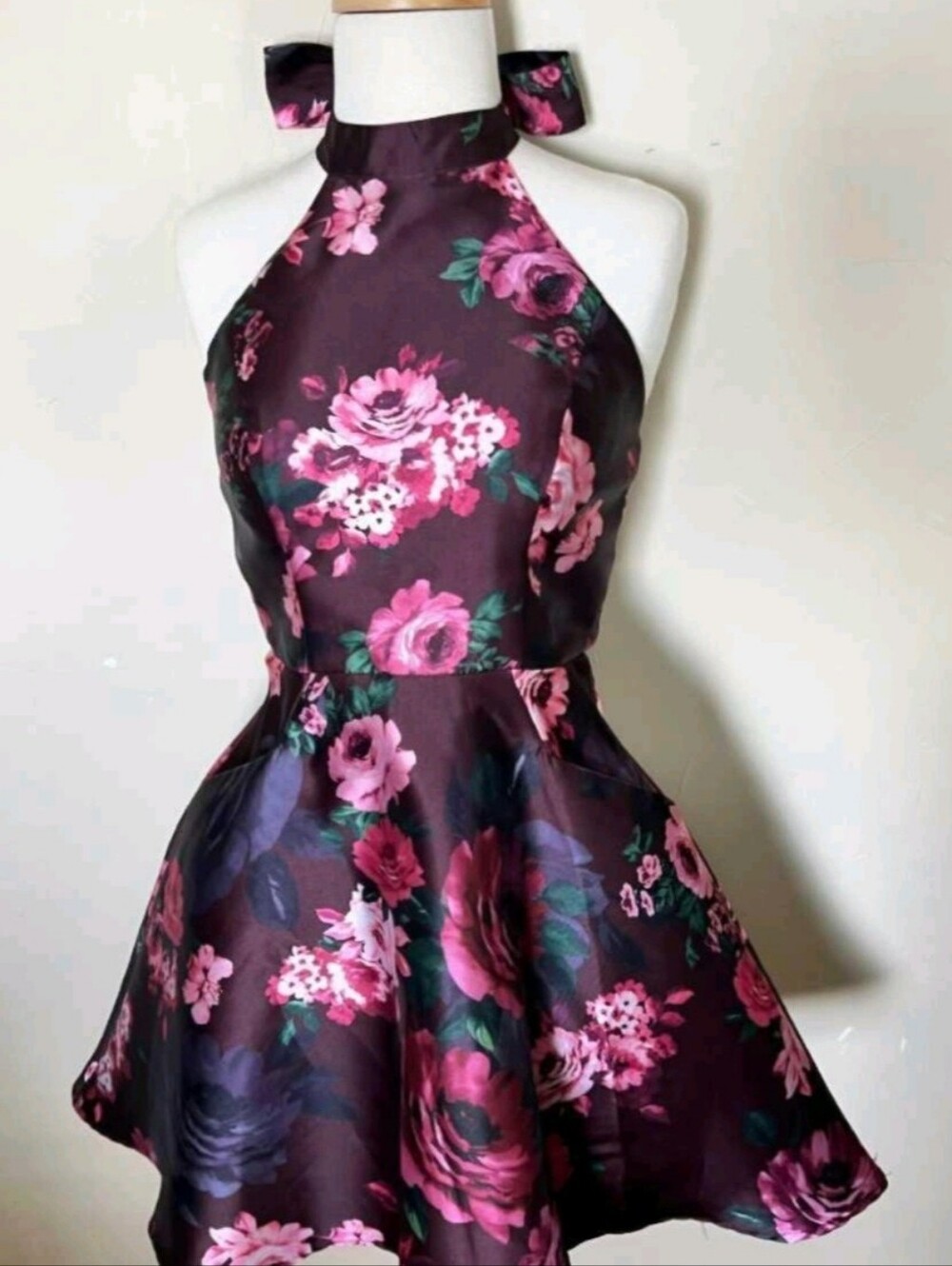 Halter Floral Fit & Flare Dress in Plum with Pink Roses
